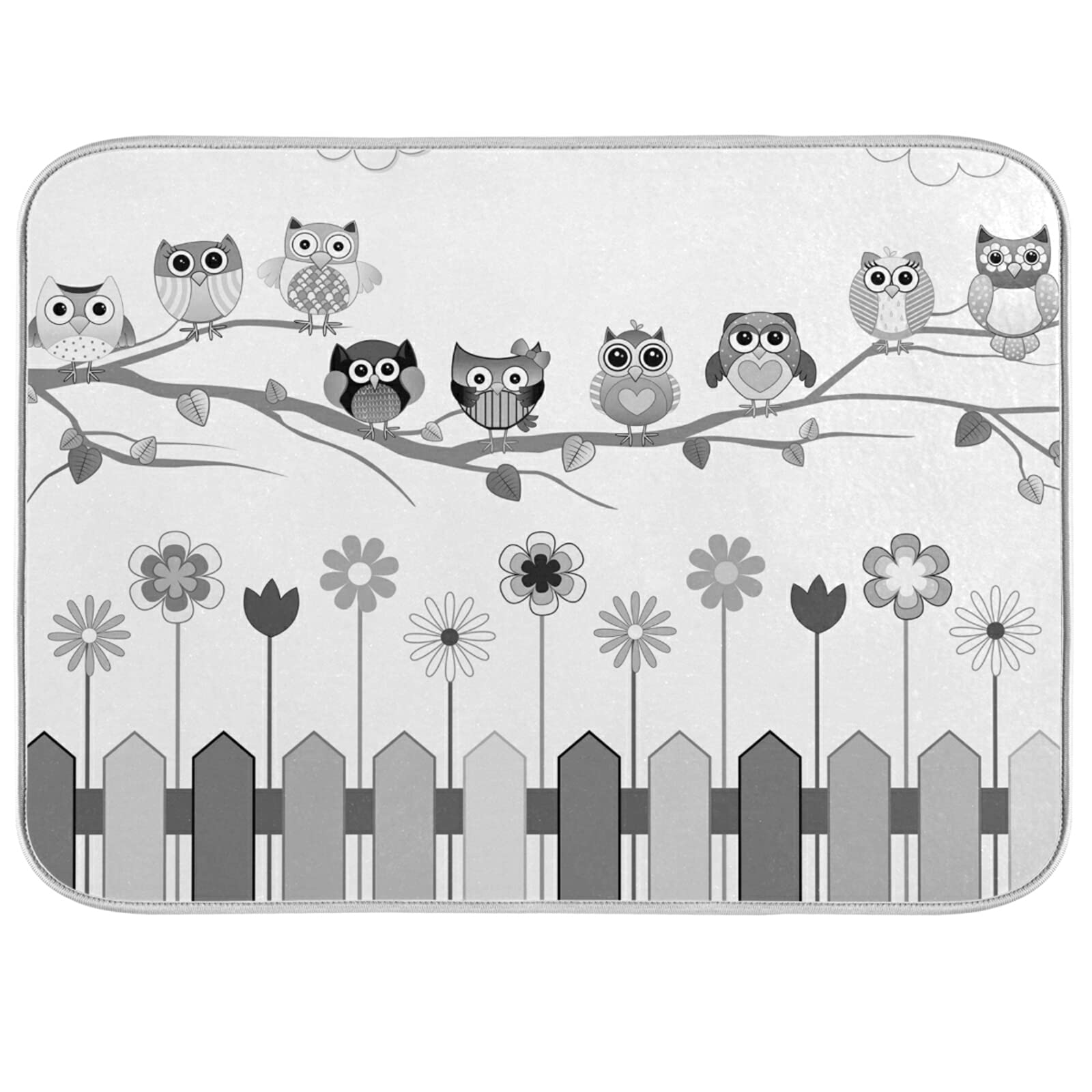 Black White Owls on a Branch Cloud over Fence with Flowers Kitchen Dish Drying Mat, Absorbent Microfiber Pad Drainer, Heat-resistant Countertops Sinks Protector with Hanging Loop 16"x18"