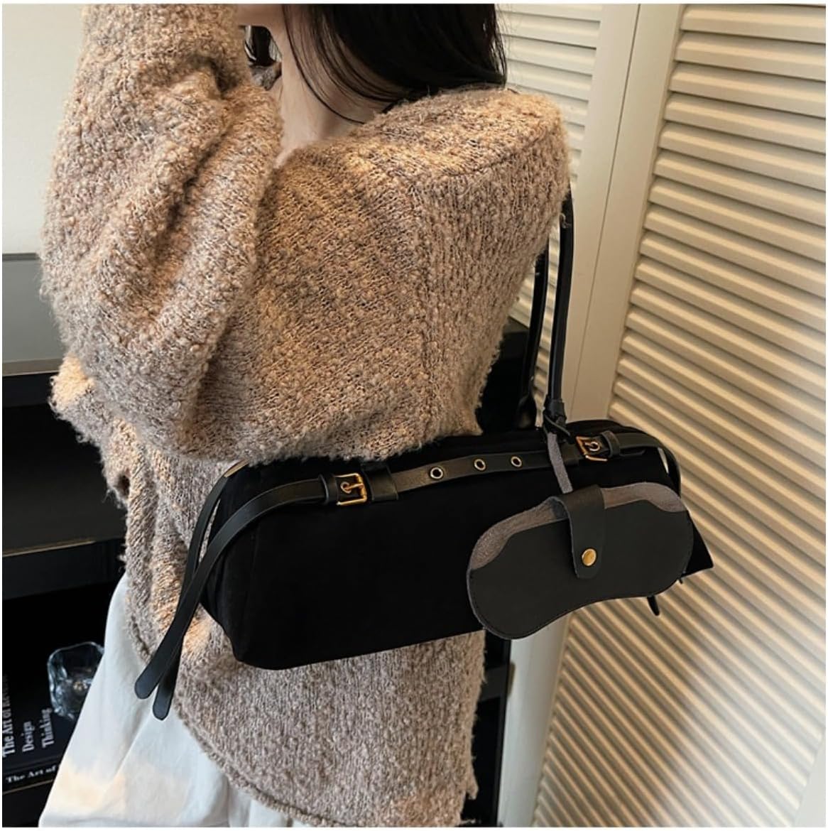 Boston Shoulder Bags for Women suede fabric Tote Bag Casual Bowling Bag Purse Retro Underarm Bag - Image 2