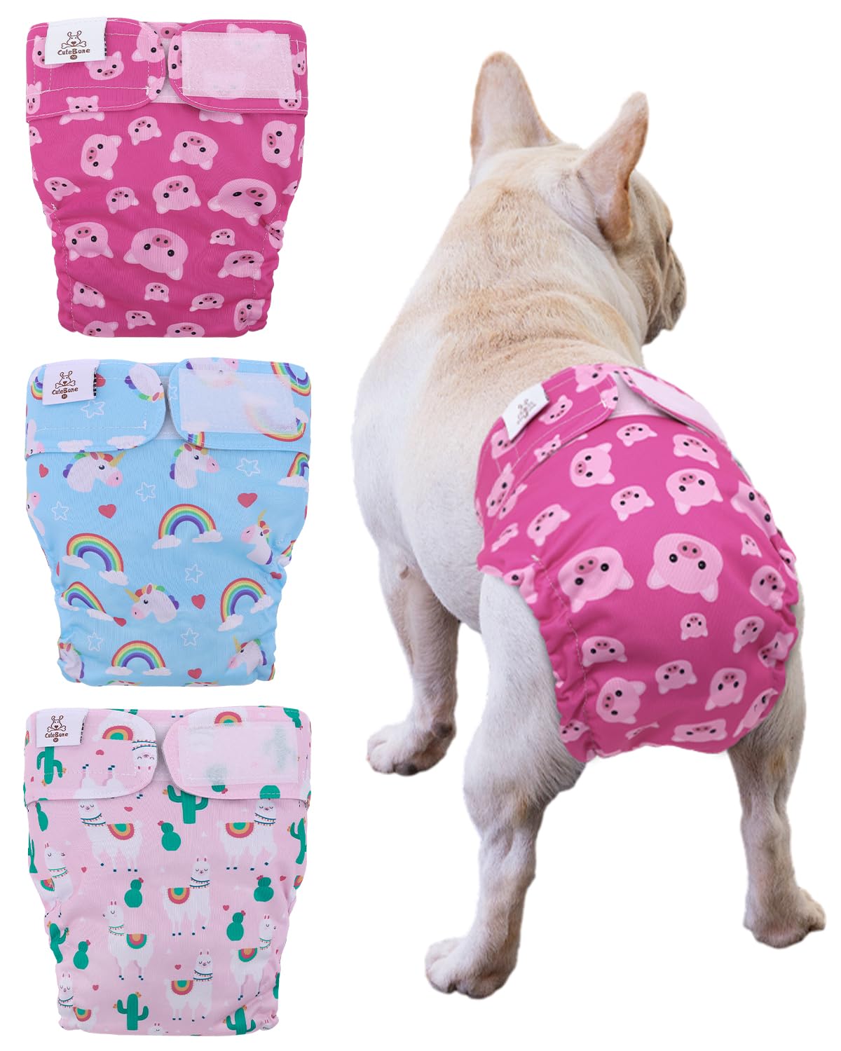 CuteBone Washable Dog Diapers Female No Tail Hole 3 Pack Reusable Doggie Period Training Pants for Docked-Tail Frenchie French Bulldog Boston Terrier