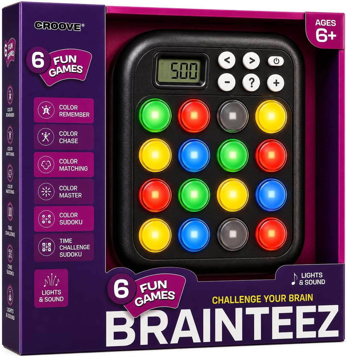 Croove Brain Teasers Memory Game - Kids Handheld Games - Ages 6-12 | 6 Games In 1 - Memory, Sudoku & More - Responsive LED Buttons - Brain Teaser - Handheld Game For Ages 6+ - Includes Batteries