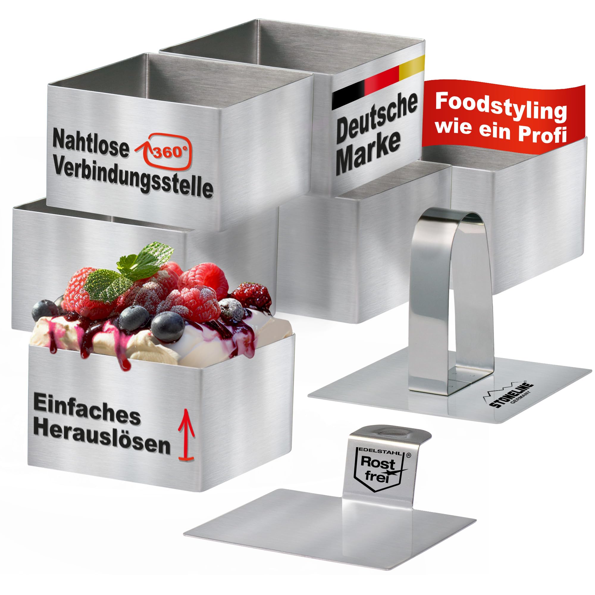 STONELINE Set di Coppapasta 8 Pezzi, Anelli per Torte 8x8 cm, Altezza 5 cm, in Acciaio Inox, Quadrato, Pressa Stantuffo Paletta Base, Stampo Rettangolare Coppa Pasta per Torte Dessert Mousse Alimenti