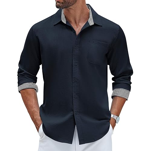 COOFANDY Men's Linen Button Down Shirt Long Sleeve Casual Beach Shirts with Pocket