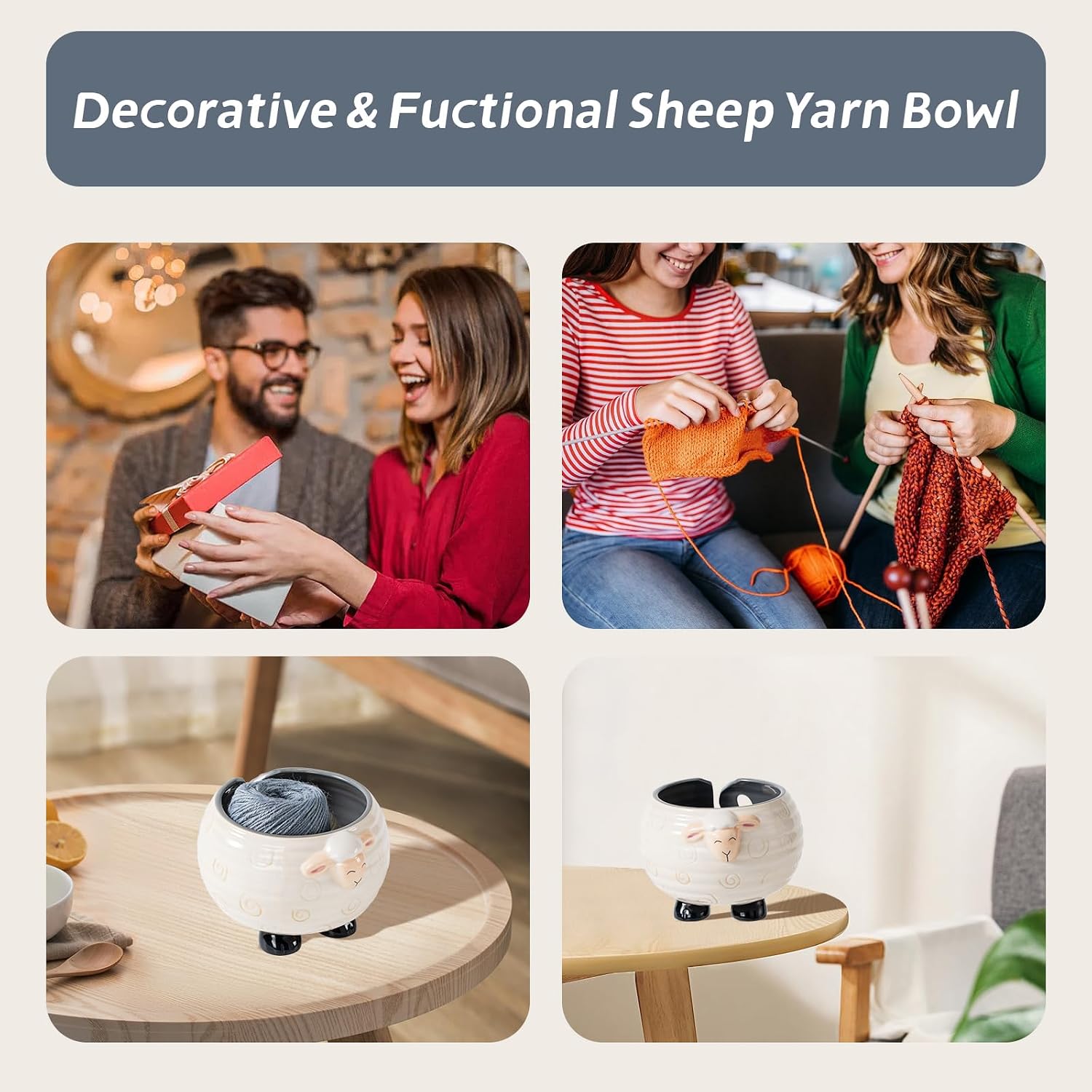Yarn Bowl for Crochet Large Sheep Shaped Ceramic Yarn Holder Crochet Bowl Knitting Bowl, 6 Inch Wide x 4 Inch High