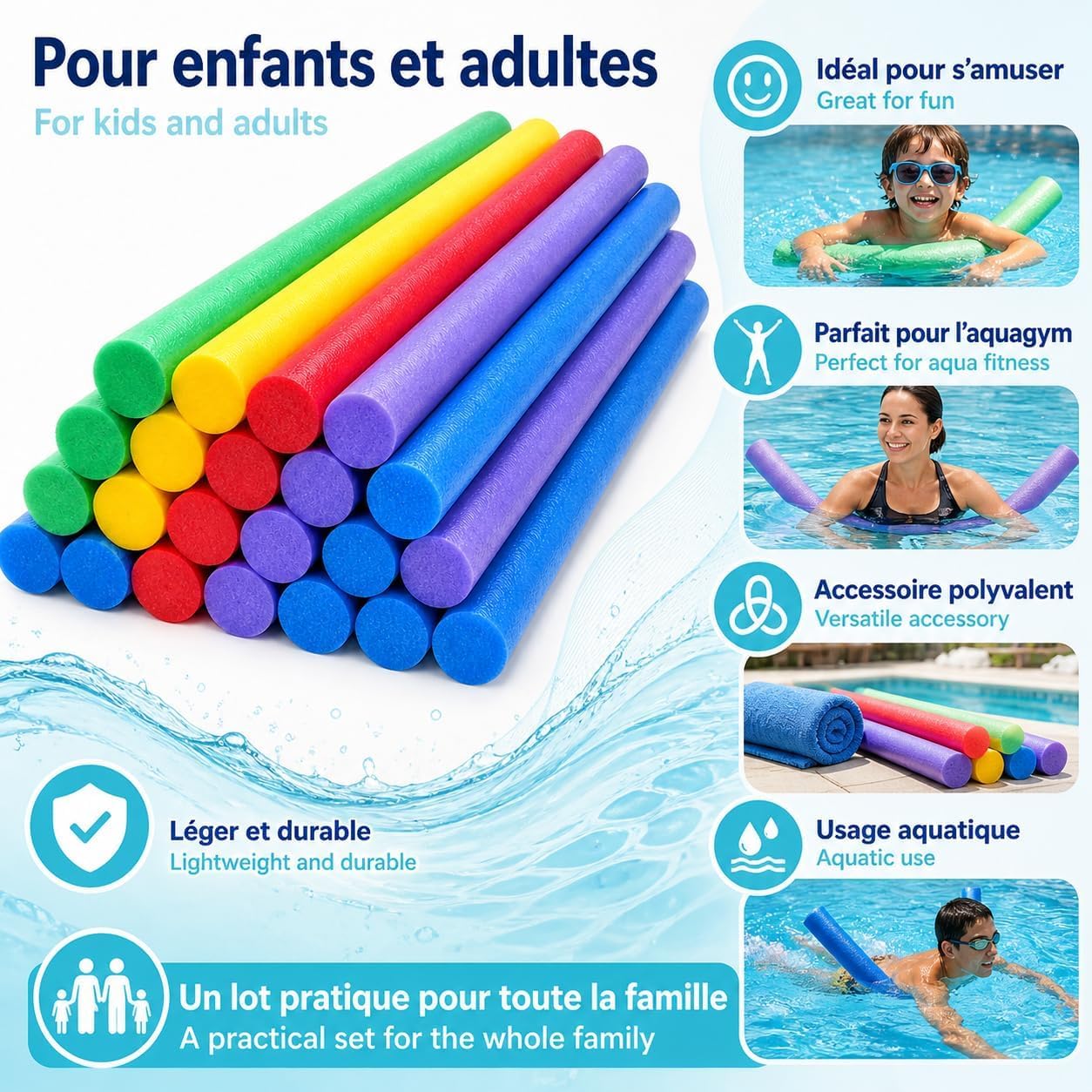 Lot 50 Frites de Piscine Mousse Flottantes 160 cm x 6,5 cm - Multicolores Souples et Resistantes - Accessoires Jeux Eau Piscine Mer Plage Aquagym Natation Enfants Adultes - Fun Noodle - Nouille -