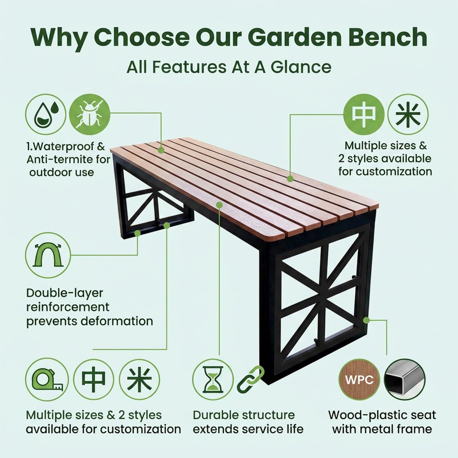 Banco Jardin Exterior de Madera Sintética Polywood, Banco de Jardin | Con Estructura Galvanizada de Doble Tubo Cuadrado, Terraza, Balcón, Porche, 2 Plazas(Green,180x40x45cm)