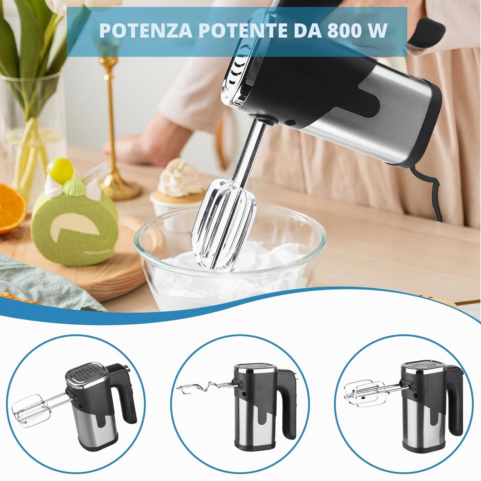 Frullatore a mano: mixer manuale da 800 W, 5 velocità, sbattitore elettrico con 4 accessori in acciaio inox, mixer a mano, impastatore in acciaio inox, mixer manuale, mixer da cucina (nero)