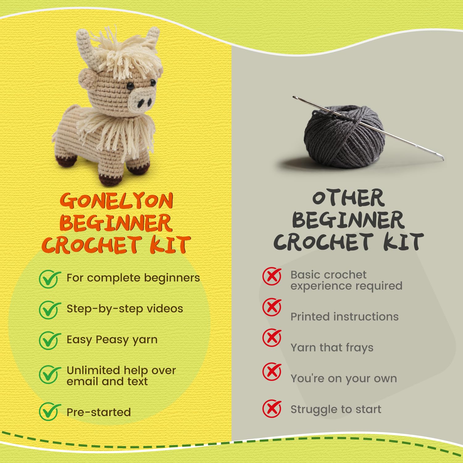 GONELYON Crochet Kit for Beginners, 2 PCS Crochet Animal Kit Highland Cattle, with Step-by-Step Video Tutorials, Beginner Crochet Kit for Adults, DIY Amigurumi Animal Craft Kit - 5