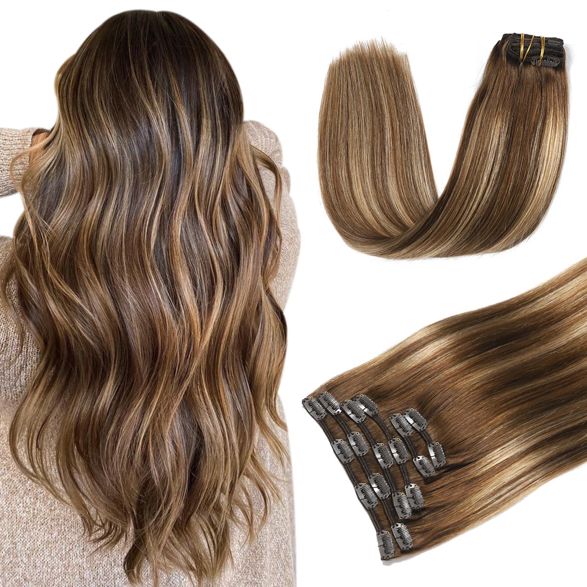 Sindra Clip in Human Hair Extensions Balayage Medium Brown to Caramel Blonde 14 Inch 100g 6pcs Invisible Human Hair Clip in Extensions Silky Straight #4/27/4 14"