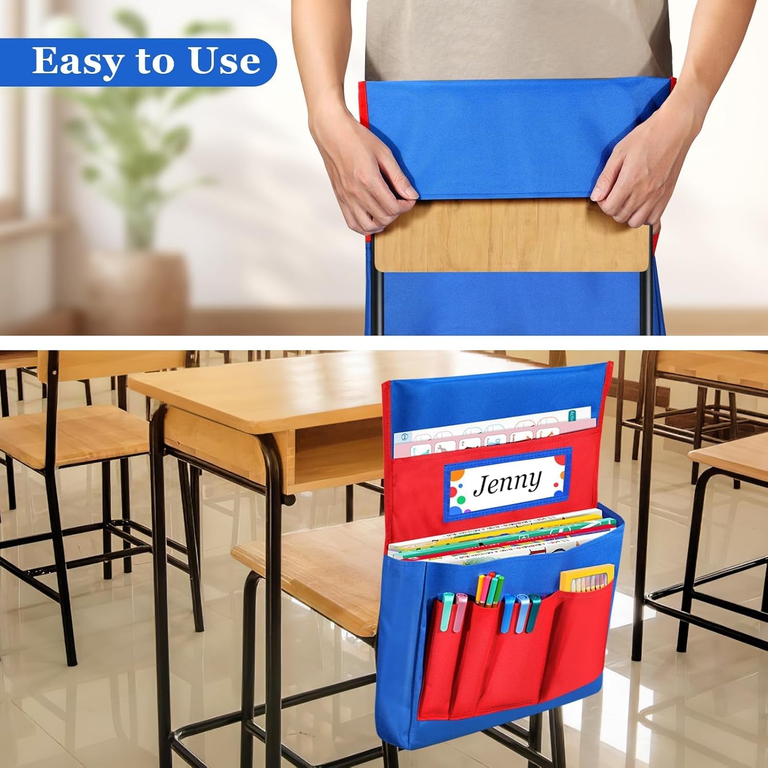 Spardar Chair Pockets for Classrooms, 6 Pieces Blue and Red Chair Pockets with Name Tags for Organizing School Supplies, Suitable for Classroom and Home