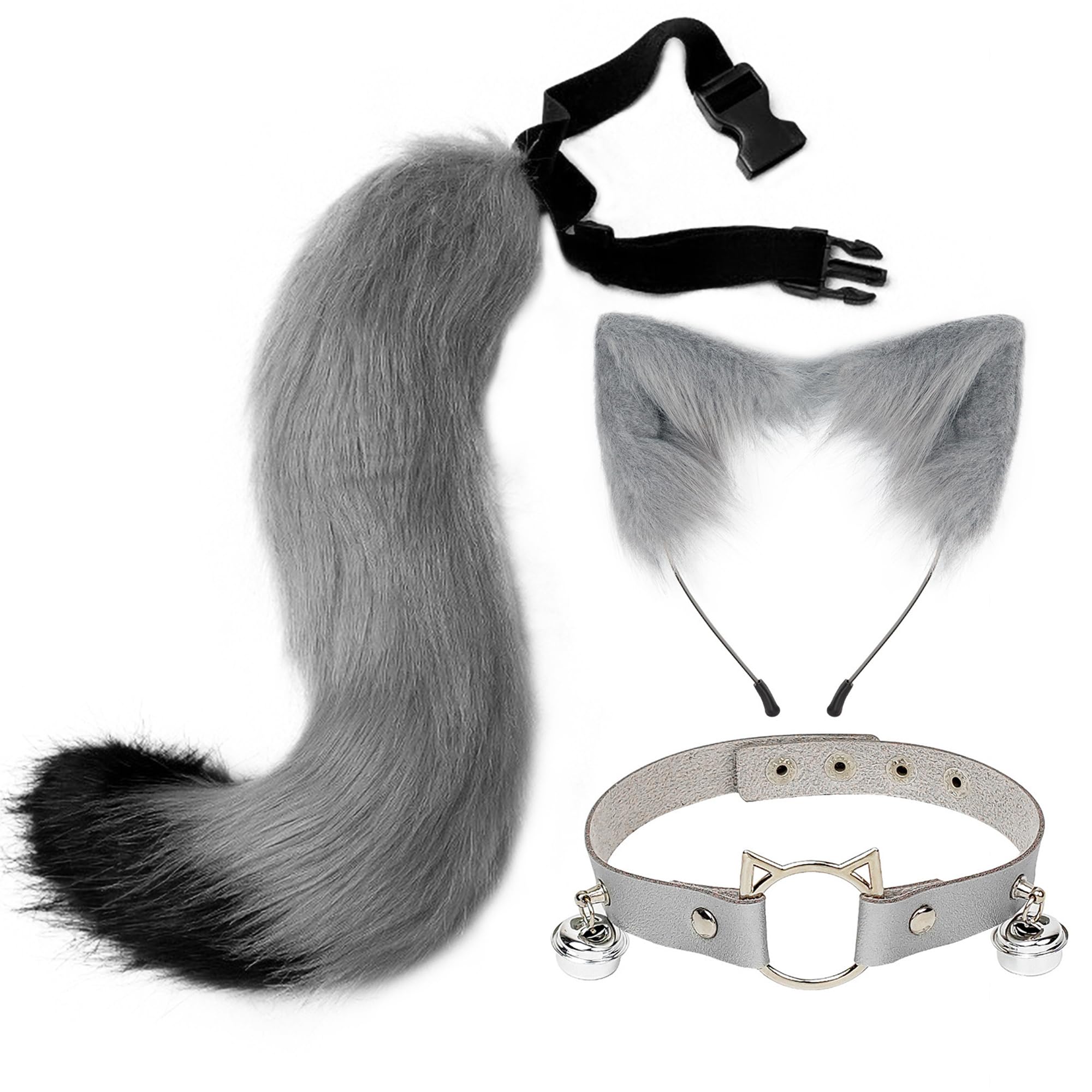 SANSIWU Halloween Fashion Faux Fur Cat Ears Hair Clip Party Costume Ornament Furry Wolf Fox Tail Bell Leather Neck Chocker Cosplay Toy Set (A-Gray, 50cmx11cm) — image 1