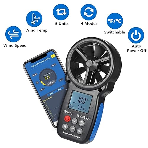 Miniatura 2 de Anemómetro digital medidor de velocidad del viento, anemómetro Kethvoz con Bluetooth, medidor de velocidad de viento con registrador de datos,