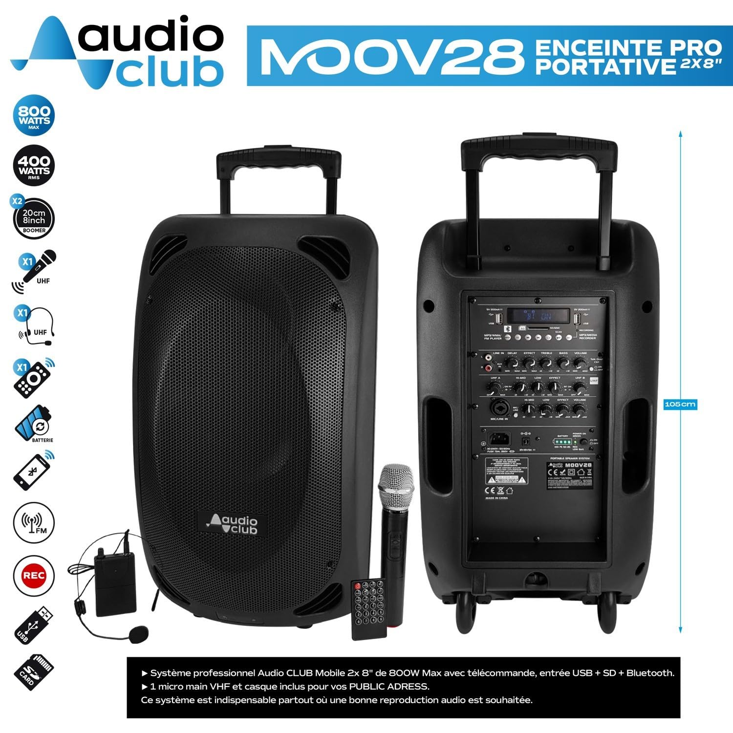 Altoparlante Pro portatile 2 x 8" 400/800 W – Audio Club MOOV28 – USB BT Line FM – Batteria – Micros UHF + supporto PIED