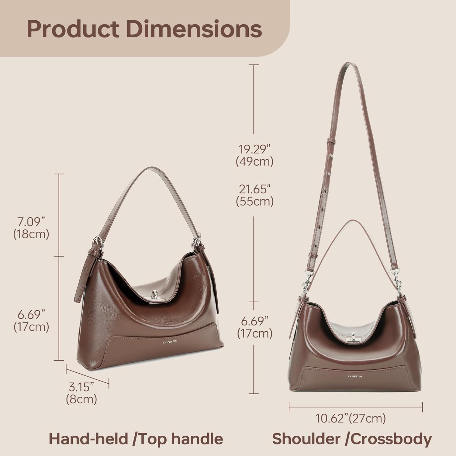 LA FESTIN Genuine Leather Top-Handle Bag for Women Small Designer Crossbody Purse Hobo Shoulder Bag with Adjustable Strap - Image 3