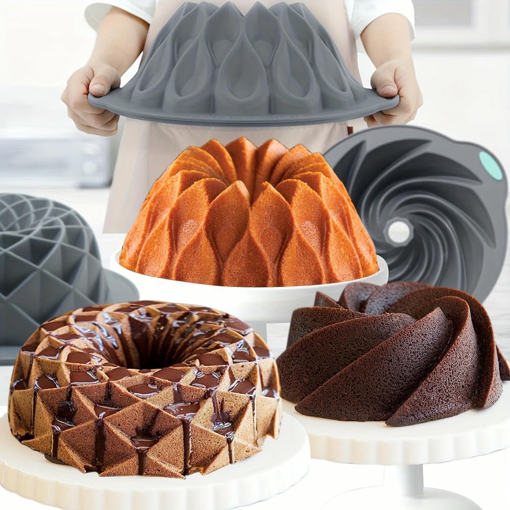 NYSDM Lot de 4 moules à gâteaux en Silicone antiadhésifs à Tubes cannelés pour gâteaux de Cuisson Brownies Flan Pain de Viande Couronne Nid Formes tressées en Spirale