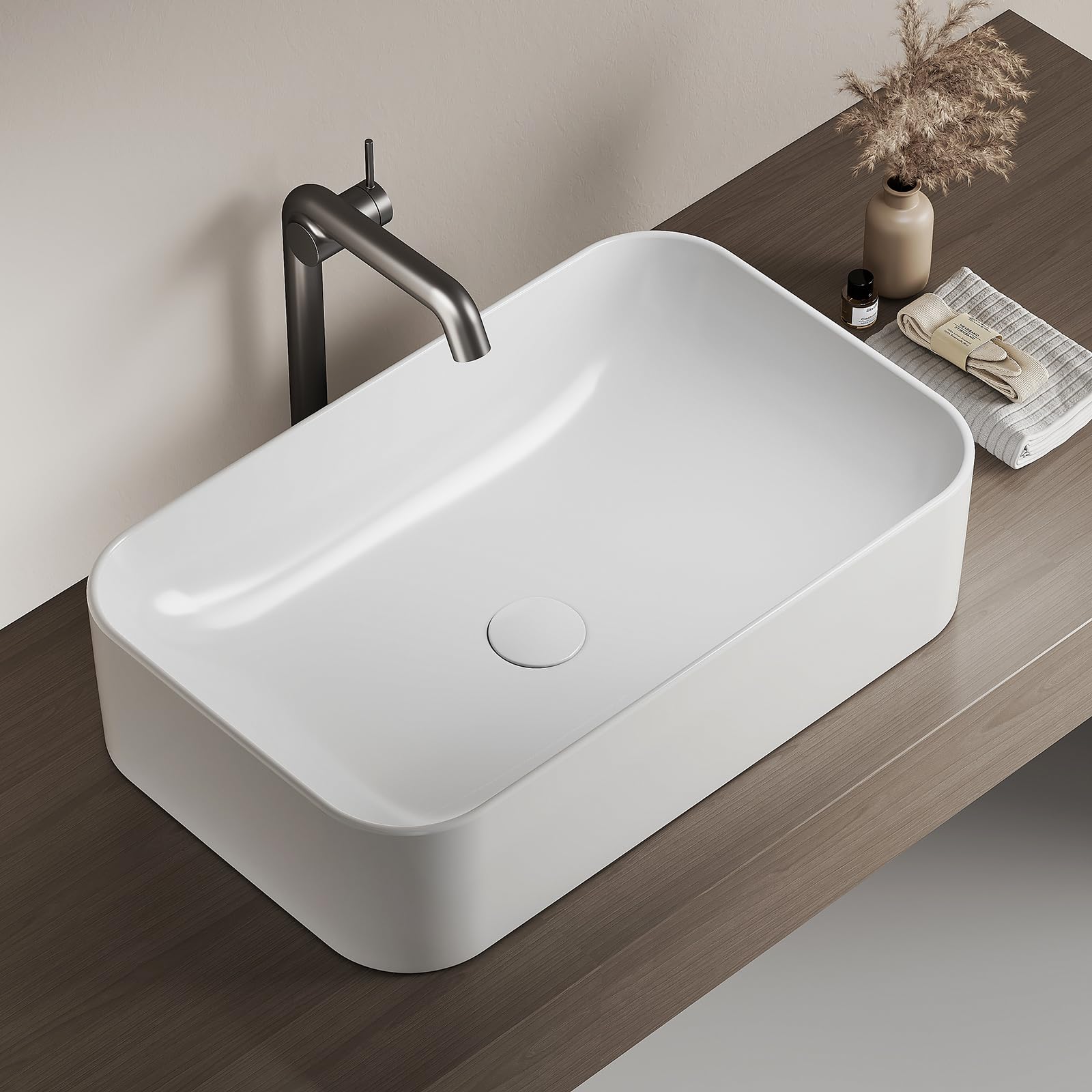EMKE Lavabo da appoggio 610 x 380 x 150 mm, Lavabo rettangolare in ceramica per bagno, bianco brillante, lavabo di alta qualità per bagno, facile da pulire e installare