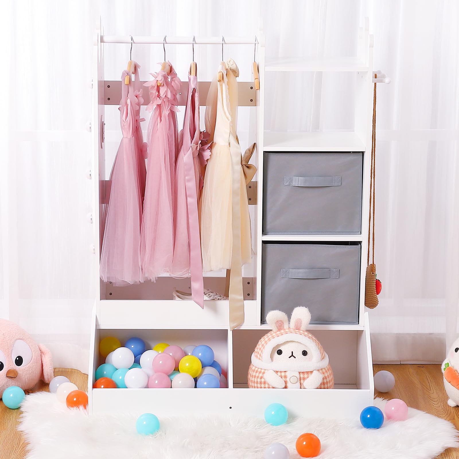 Mädchen Kinder-Kleiderschrank Dress-Up Garderobe aus Holz – Spiegel & Touch-Licht – offene Kleiderstange + Aufbewahrungsbox, fürs Kinderzimmer/Spielzimmer – Farbe: Pink | Farbe: pink