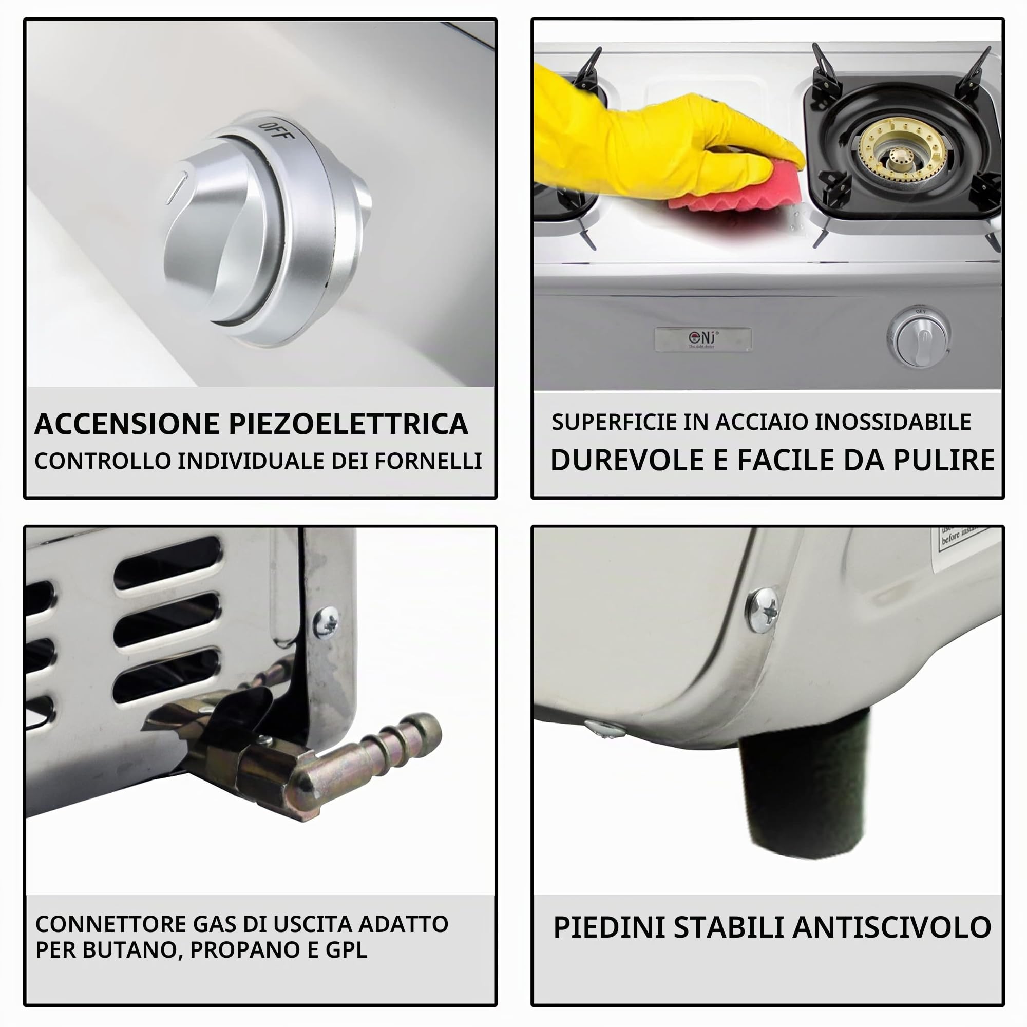 NJ NGB-200 Fornello a Gas Portatile 2 Fuochi Inox per Campeggio