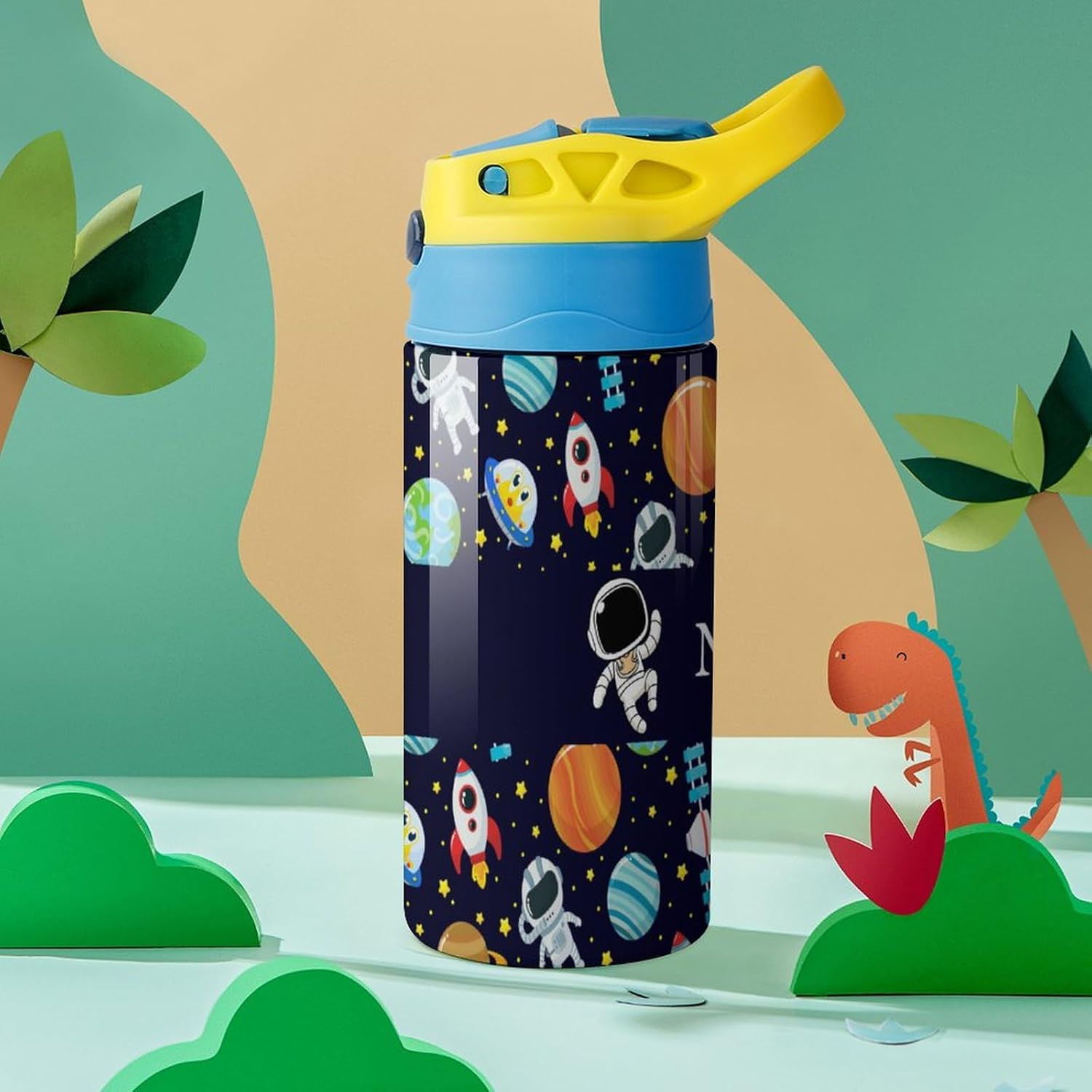 Custom Astronaut Galaxy Planets Kids Water Bottle Personalized Name Water Bottle with Leak-Proof Straw Lid Customized Stainless Steel Insulated Cup for Girls Boys