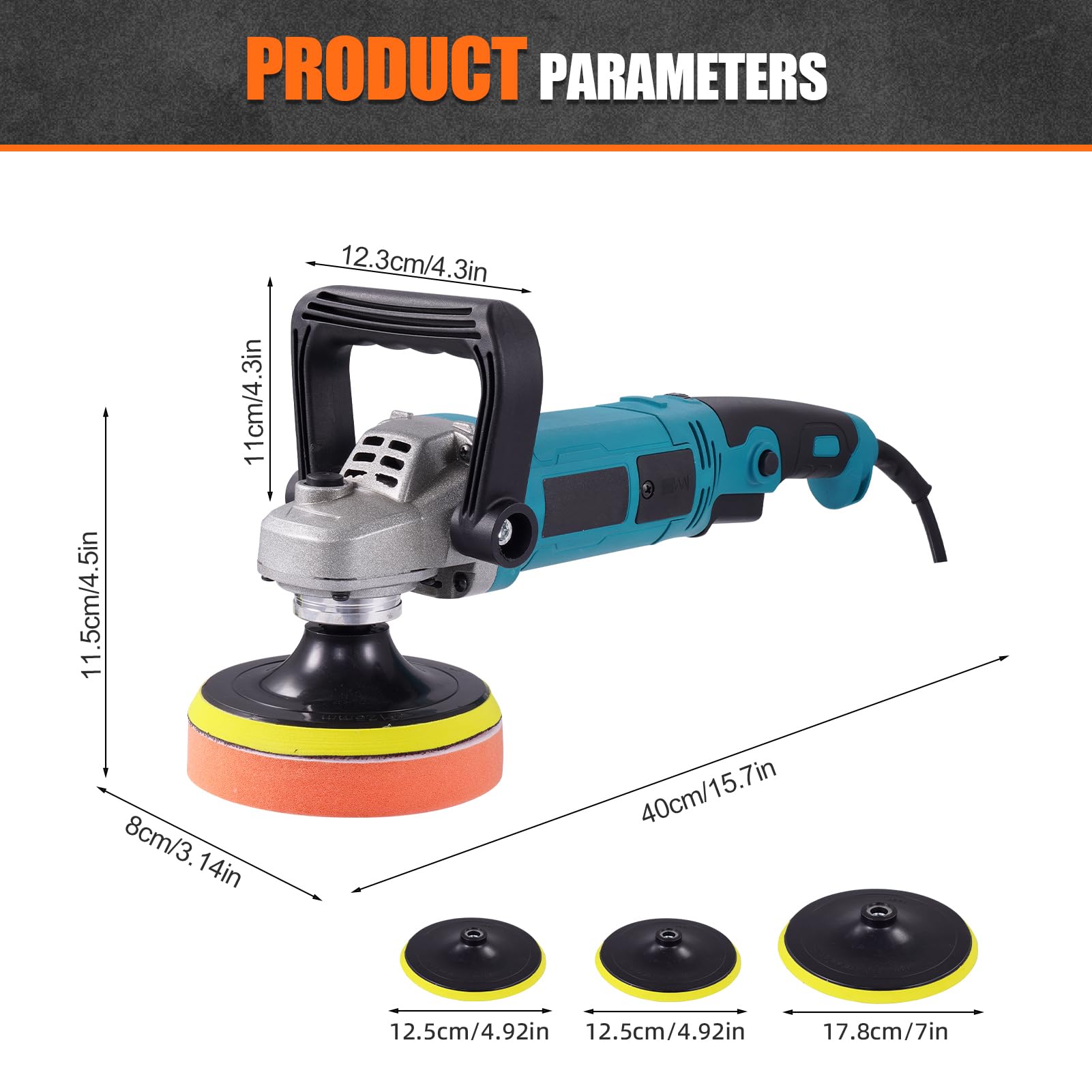 Lucidatrice per auto, 1600 W, 6 velocità variabile, 220 V, 500 – 3300 giri/min, cavo da 1,8 m, 2 maniglie, 125/178 mm, set di lucidatura professionale per mobili auto, barca