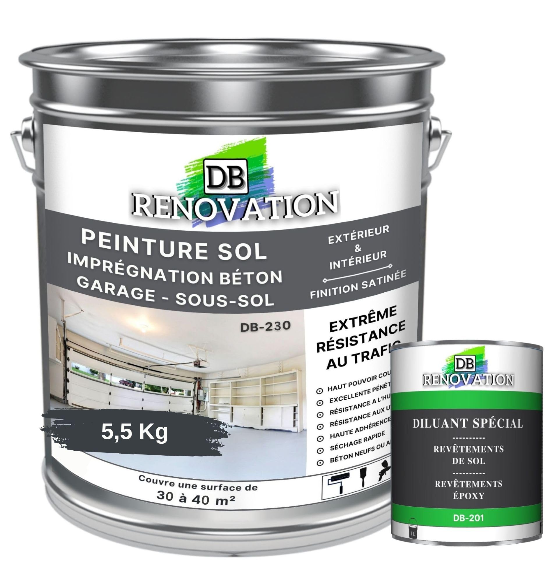 PEINTURE SOL BETON Industriel - Garage, sous-sol - Extrême trafic intérieur, extérieur - Haute résistance - Gris anthracite - Kit 5,5KG + 1L Diluant