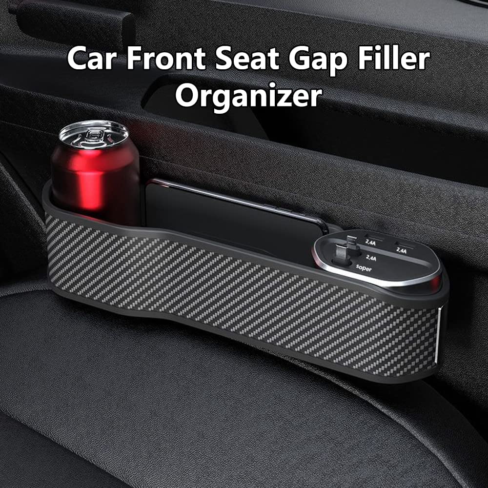 Riloer Organizador de asiento de coche multifuncional con soporte pequeño para vasos, organizador de relleno de brecha para asientos delanteros con 2 puertos USB