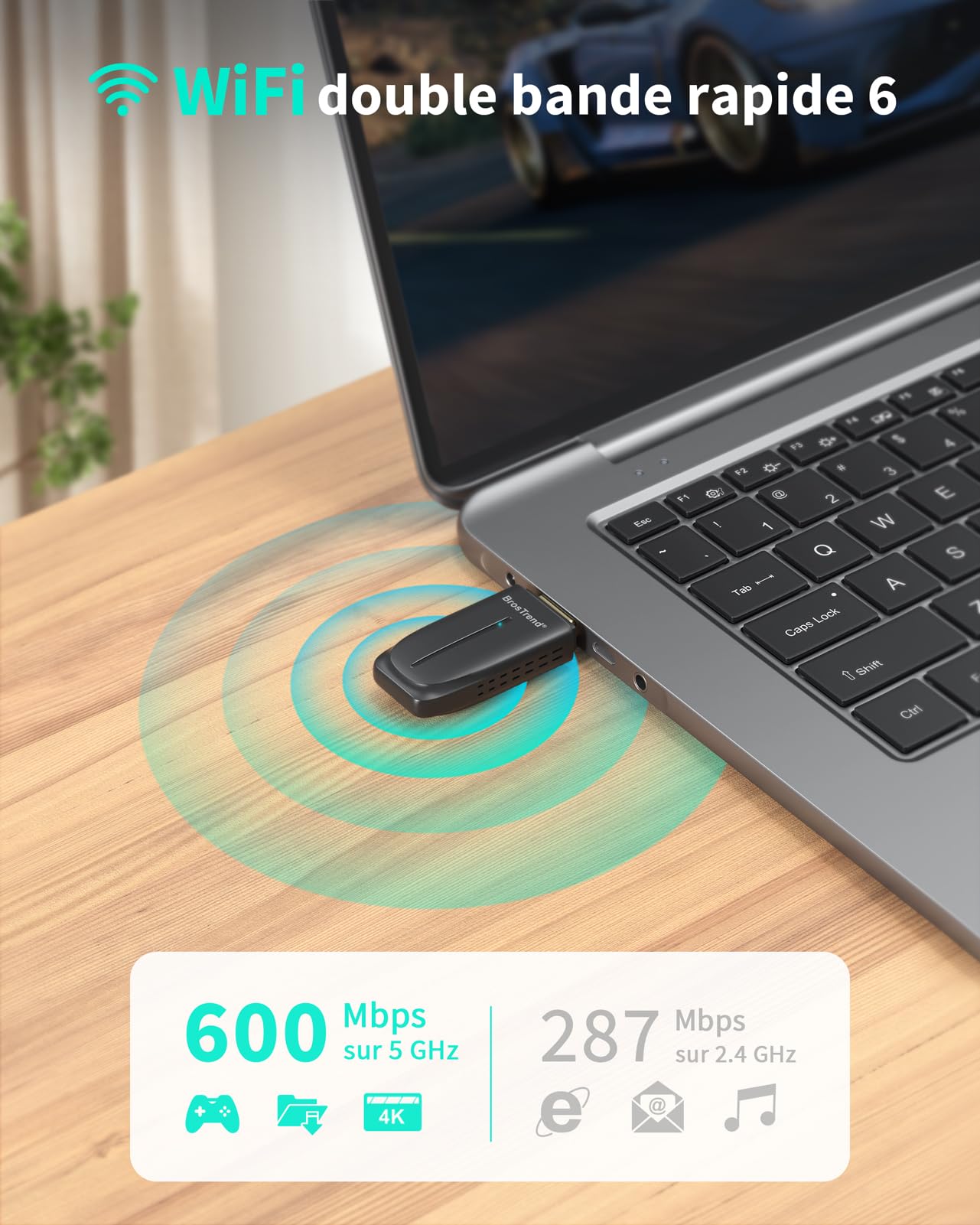 BrosTrend Clé WiFi Bluetooth PC AX900 BT 5.4 WiFi 6 USB Adaptateur Double Bande 5GHz 600Mbps 2.4GHz 286Mbps MU-MIMO