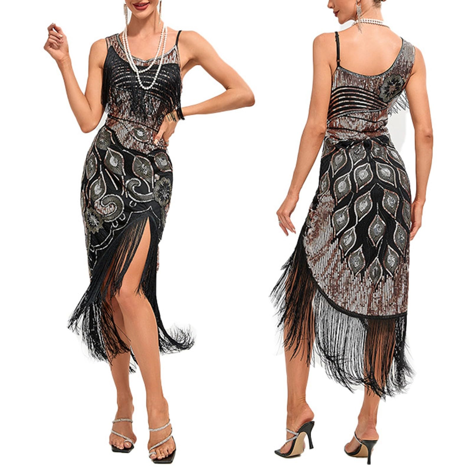 Generisch Robe rétro des années 1920 pour femme - Avec deux couches de pompons - Robe de soirée Charleston avec paillettes et col en V - Robe de soirée à thème des années 20