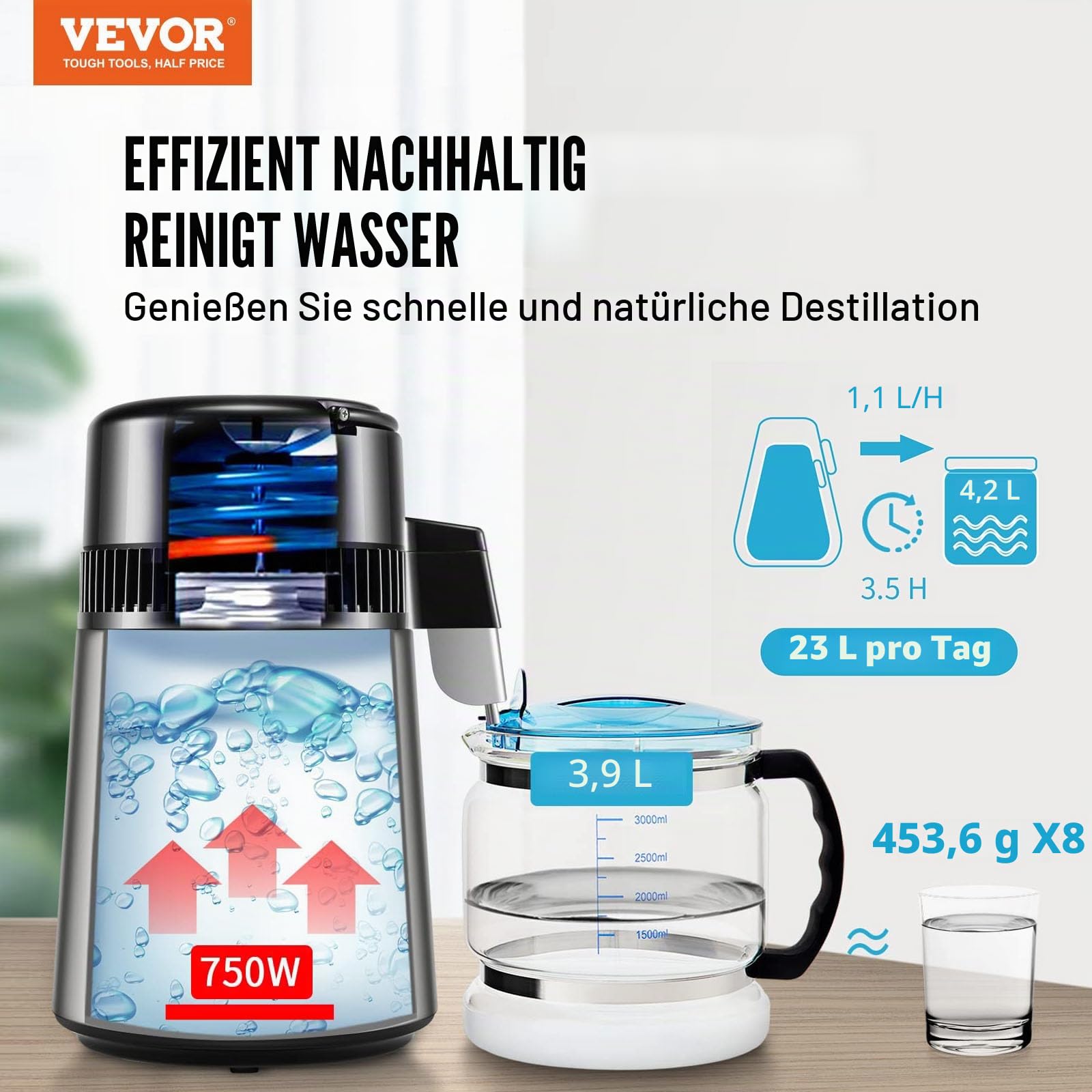 VEVOR Wasserdestilliergerät, 4 l, Destilliermaschine, 1 l/h, 24 l/Tag, innen aus lebensmittelechtem Edelstahl, hohe Effizienz bei der Reinigung von Leitungswasser