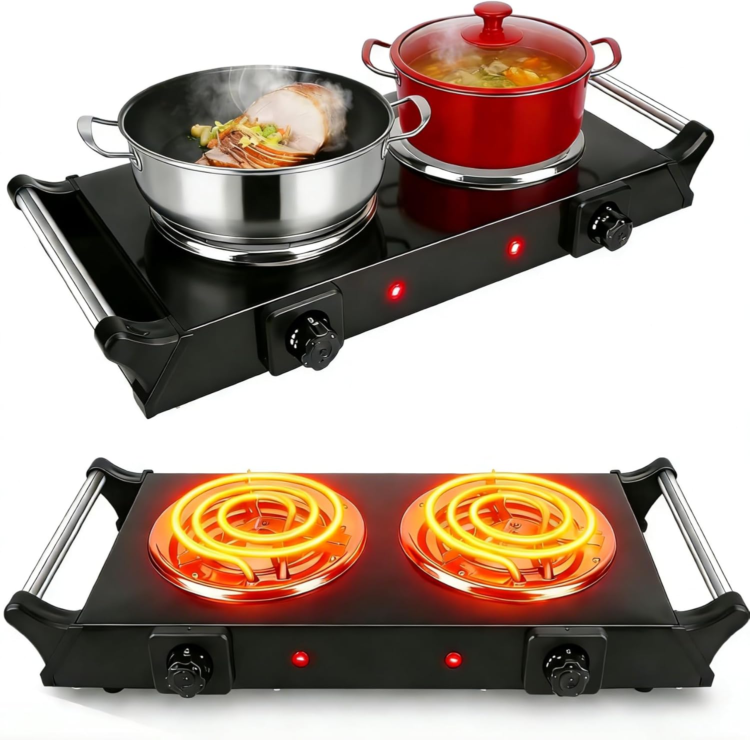 Electric Hot Plate, 2000W Countertop Double Burner with Adjustable Temperature & Handles, Stainless Steel Coil Electric Stove for Cooking Cooktop for Home Kitchen Dorm RV Camp, Black, Small