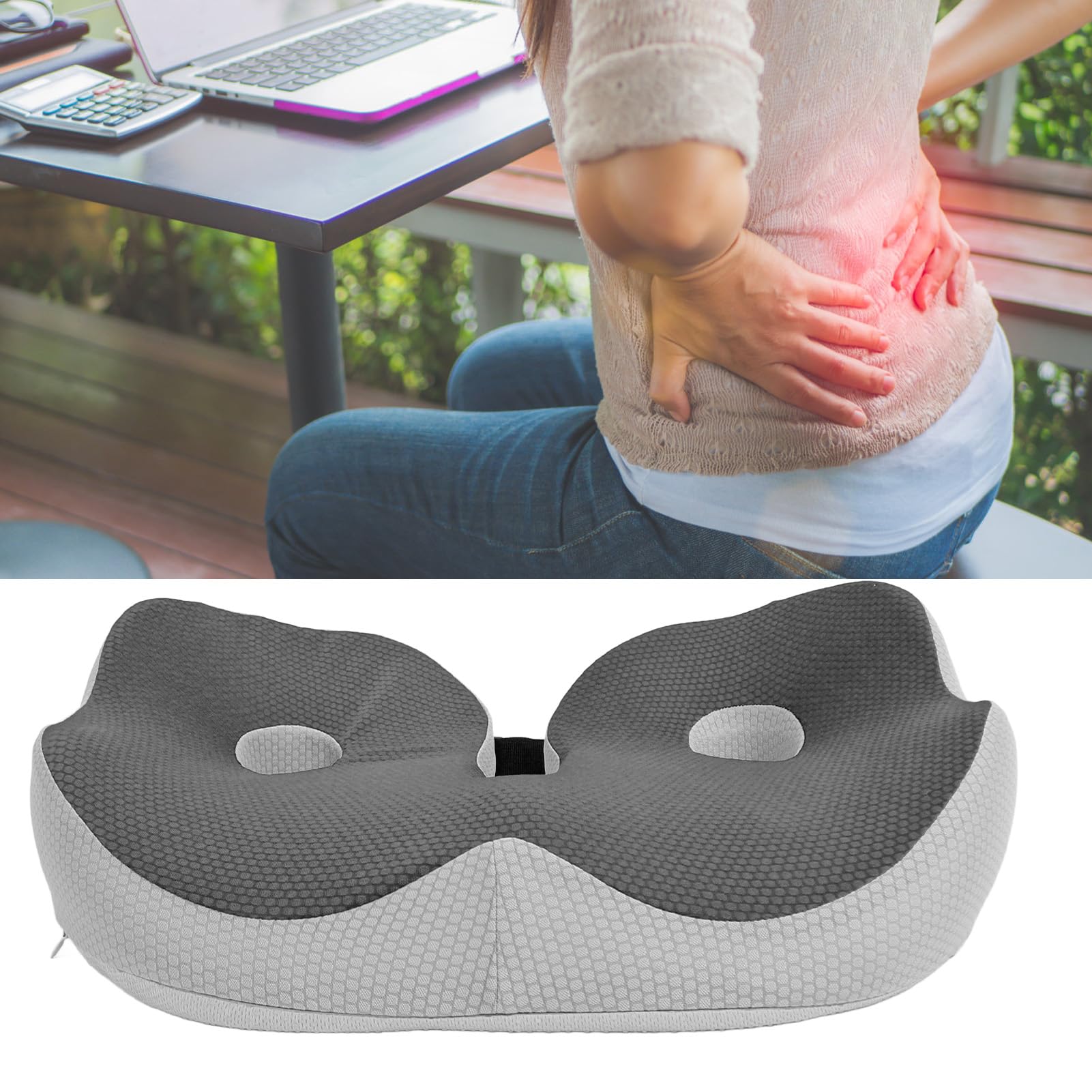Cojín de espuma viscoelástica, cojín para aliviar el dolor de coxis con correa ajustable, comodidad durante todo el día para silla de oficina, coche (gris oscuro)