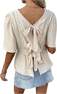 MakeMeChic Blusa de manga corta con lazo en la espalda, cuello redondo y volantes para mujer