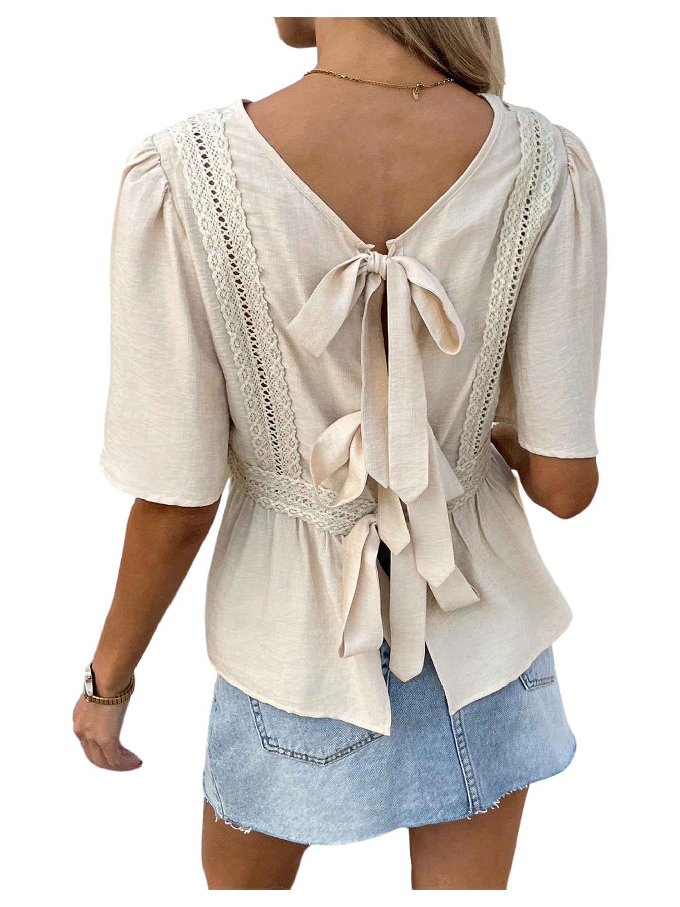 MakeMeChic Women's Bow Tie Back Blouse Crew Neck Ruffle Short Sleeve Shirt Tops