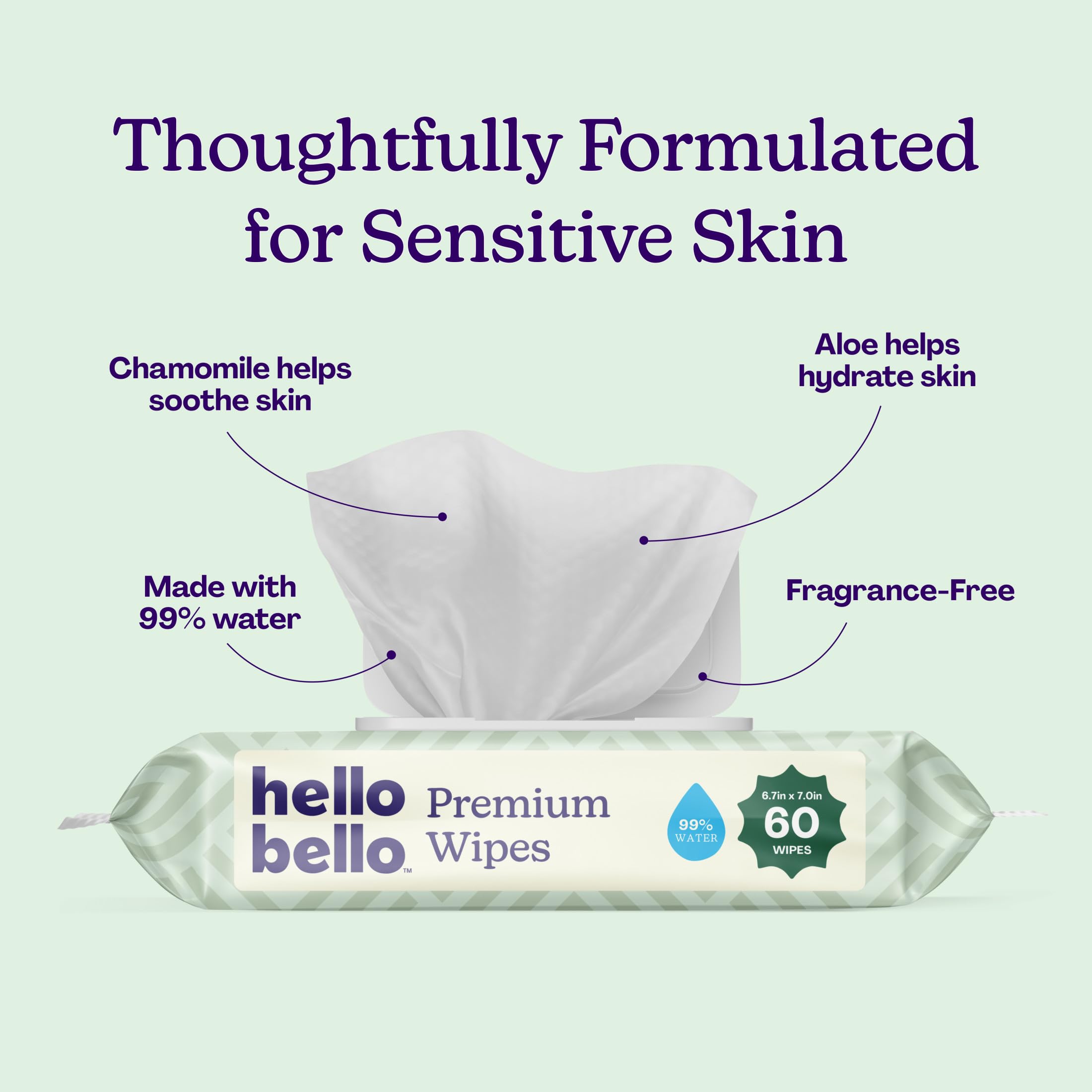 A stack of Hello Bello Premium Wipes packets, showcasing the 'Simply Sage' design.