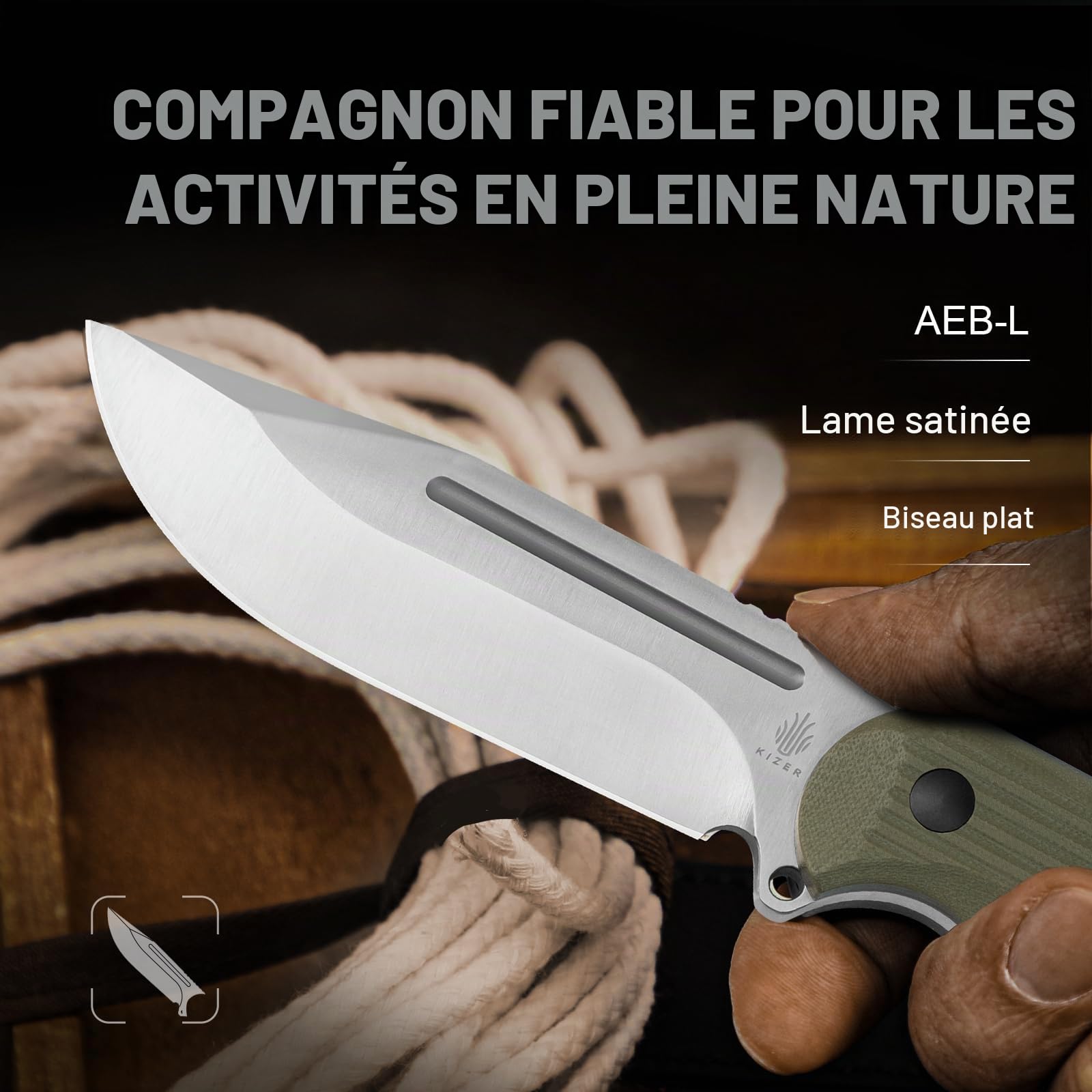 Kizer Couteau Fixe Ursa Major, Lame AEB-L 4.43" G10 Vert Olive, Gainé Survie/Camping Hexagone, Full Tang, 1082A2