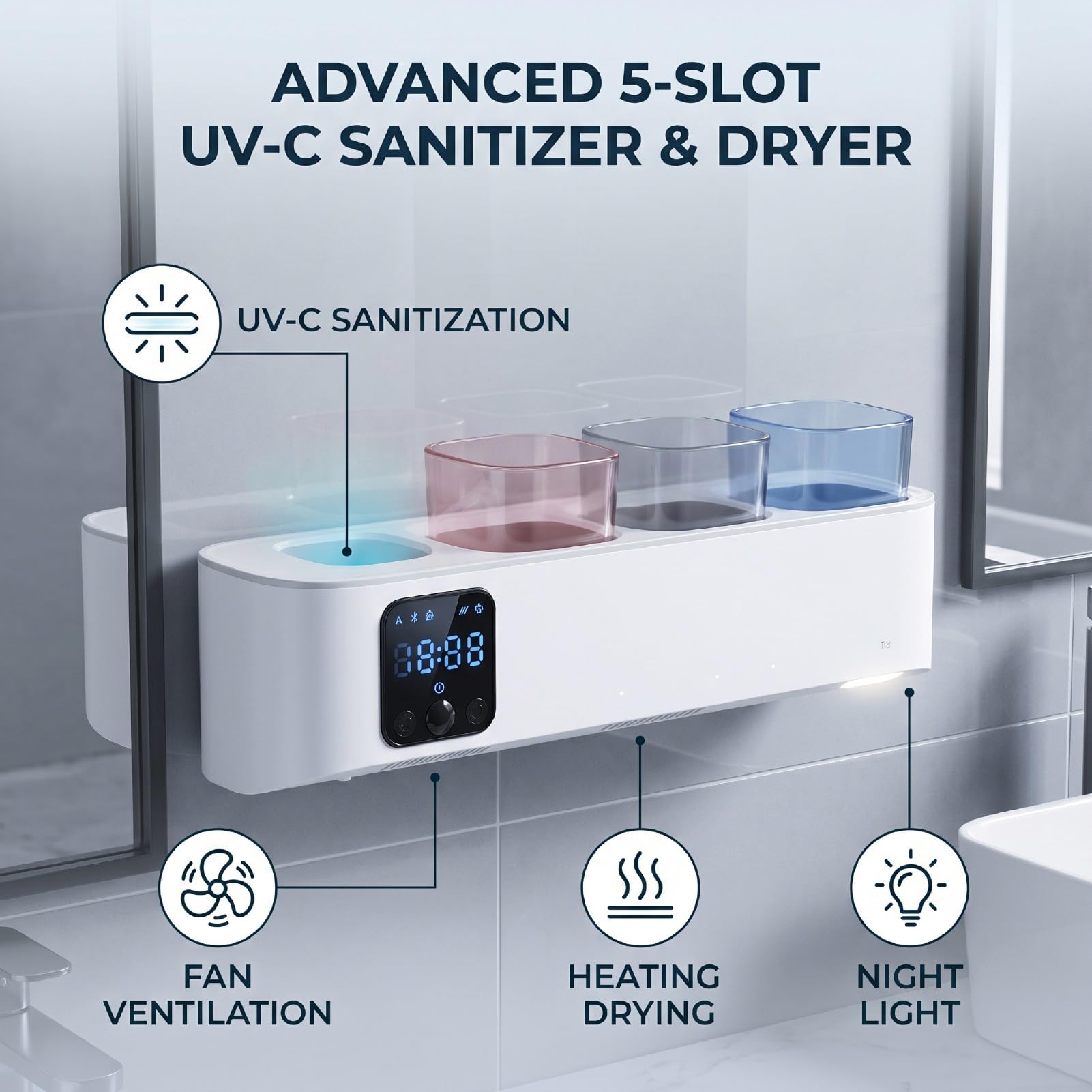 Jectse Soporte para Cepillo de Dientes Eléctrico, Montado en la Pared con Pantalla Táctil LED, 5 Ranuras para Cepillos de Dientes Eléctricos, Desinfectante UVC con 3 Modos y Secado por