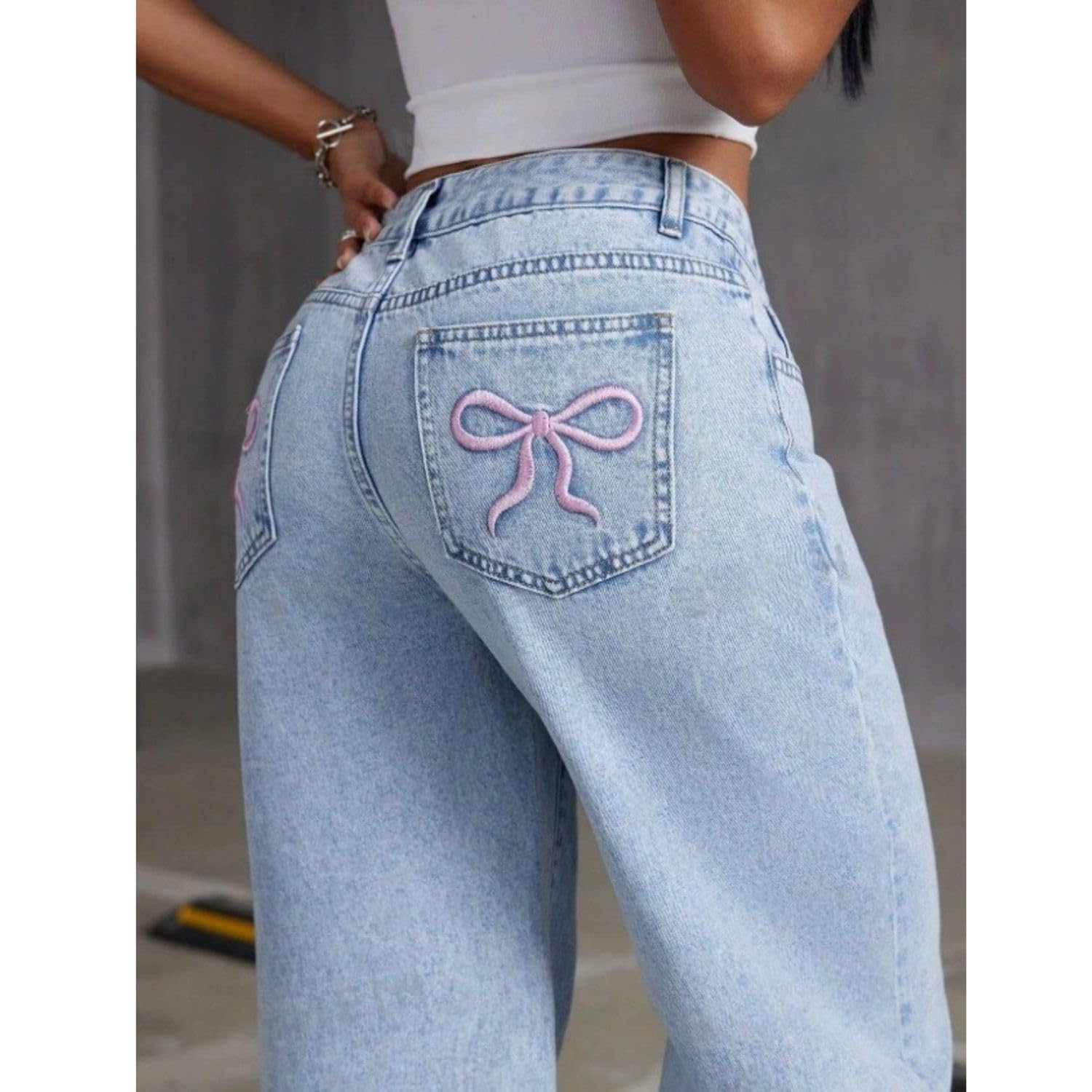 Baggy-Jeans für Damen, Teenager, Mädchen, Schleife, süße Denim-Jeans, hohe Taille, gerades Bein, Hose, ästhetische Szene