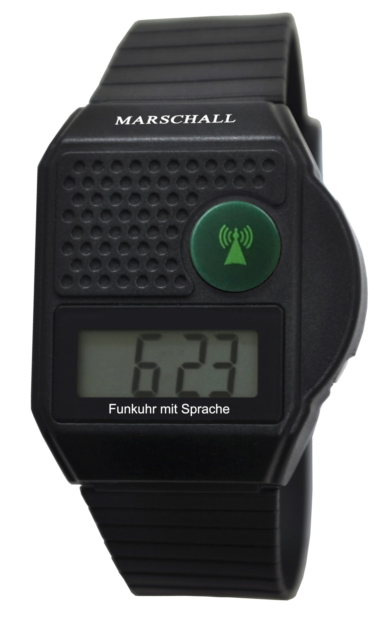 Marschall Deutsch sprechende Digitale Funkarmbanduhr I 1110 I Schwarz I Ansage von Zeit und Datum I Weckfunktion I Großes LCD Display I Perfekt für Senioren, Blinde und Demenzkranke