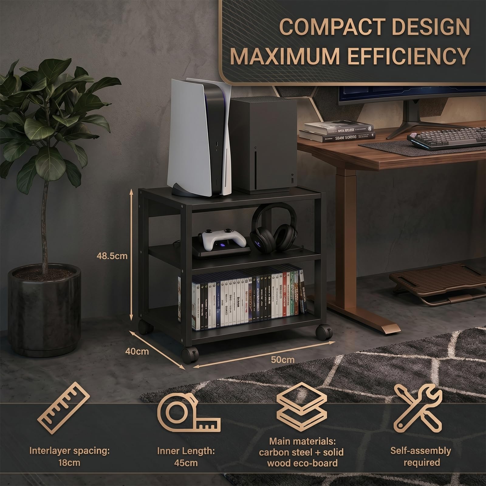 Mobile Hi-Fi Rack e Supporto Stampante 3D con Ruote, Scaffale Robusto a 3 Ripiani, 50x40x48,5cm Metallo e Legno Nero, Tavolino Porta Stereo e Carrello Ufficio sotto Scrivania Salvaspazio