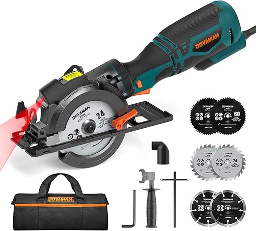 Circular Saw, 5.8A 4-1/2" Circular Saw w/Laser, Metal Auxiliary Handle, 6 Blades (4½", 4¾"), Cutting Depth 1-11/16" (90°), 1-1/8" (45°), Ideal for Wood, Soft Metal, Plastic, Tile - MCS01A