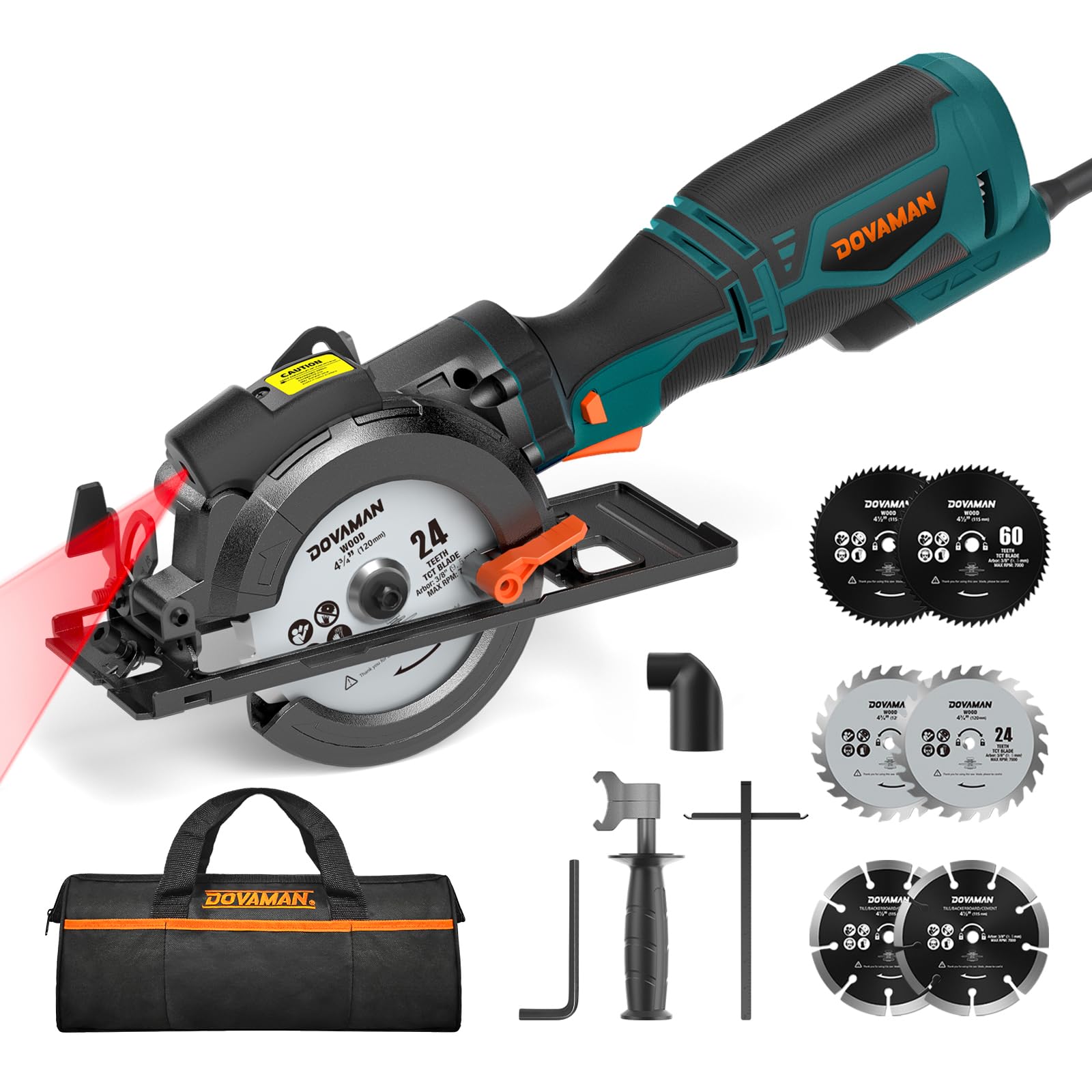DOVAMAN Circular Saw, 5.8A 4-1/2" Circular Saw w/Laser, Metal Auxiliary Handle, 6 Blades (4½", 4¾"), Cutting Depth 1-11/16" (90°), 1-3/8" (45°), Ideal