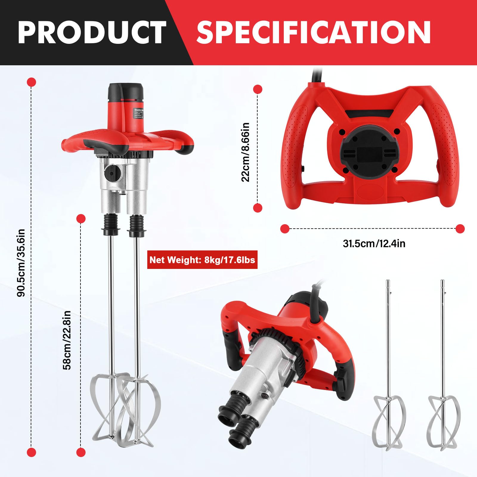 Betoniera da 2100 W, doppia pagaia aggiornata, miscelatore portatile con 6 velocità, 950 giri/min, miscelatore di fango portatile per malta, vernice, malta, intonaco, thinset, strumento di