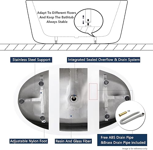 Miniatura 6 de Koh Samui - Bañera recta de acrílico de 65 pulgadas con drenaje de níquel cepillado, desbordamiento ranurado integrado
