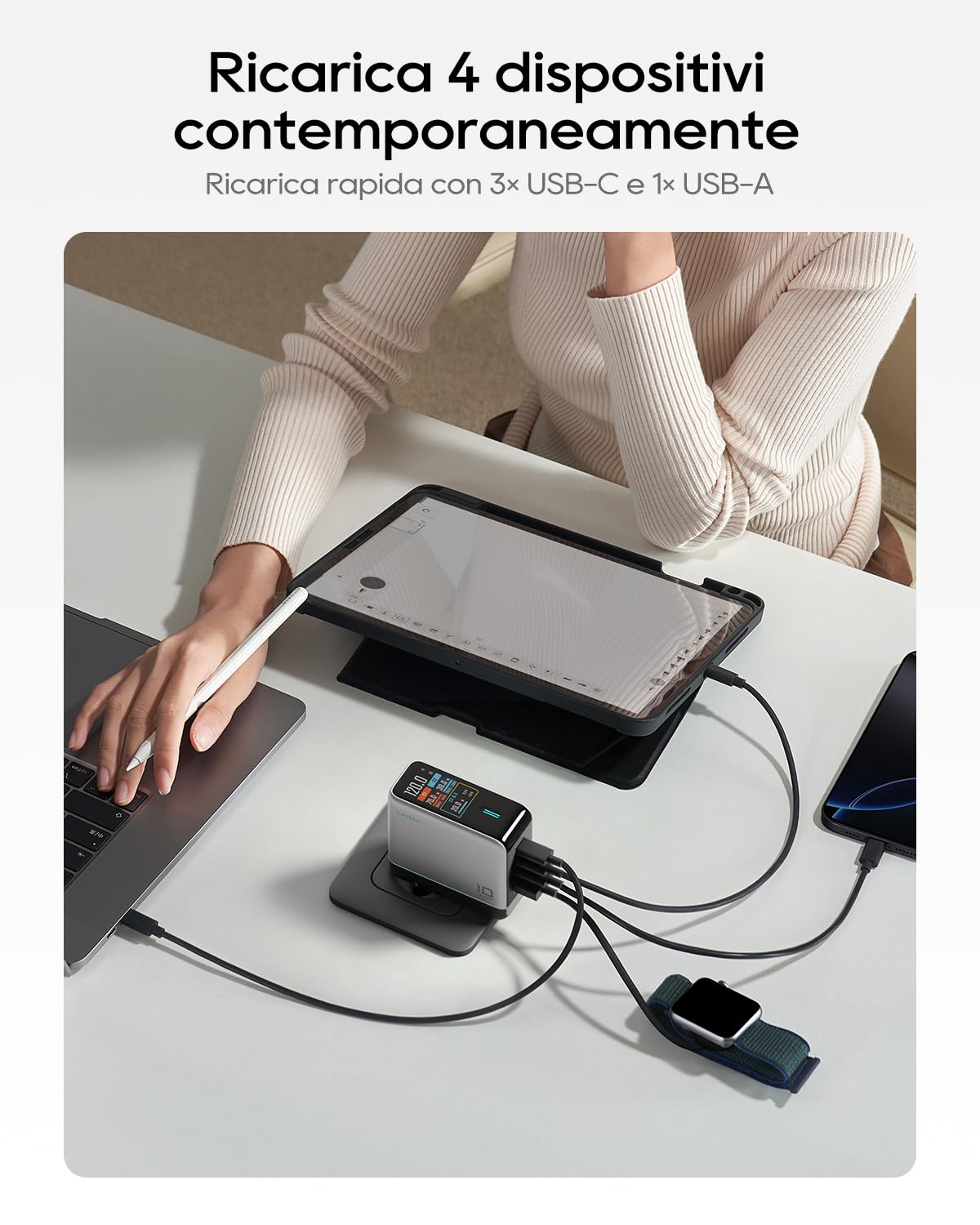 CUKTECH 120 W Caricatore USB C 4 porte Adattatore di alimentazione GaN PPS PD3.0, Caricabatterie rapido con schermo intelligente e controllo tattile, per PC portatile, MacBook, iPad, iPhone 17/16