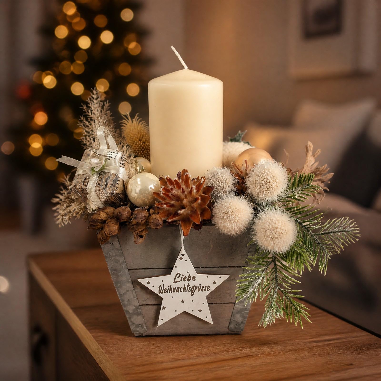 Wintergesteck Weihnachtsgesteck Tischgesteck Stern Kerze Creme grau