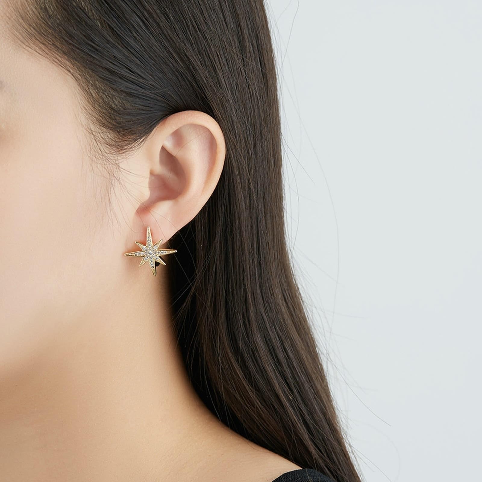 AMDXD Pendientes de oro blanco 585 de 14 quilates, estrella de aro con diamante, pendientes de oro Au585 para mujer, pequeños joyas de oro auténtico