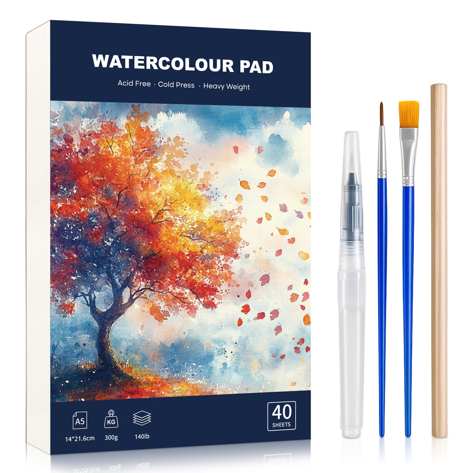 40 Sheets Watercolour Paper Pad A5 with Watercolour Brush and Pencil, 300 GSM Watercolour Sketchbook Cold Press Water Colour Paper for Artist Student, Art Painting, Drawing, Mixed Media