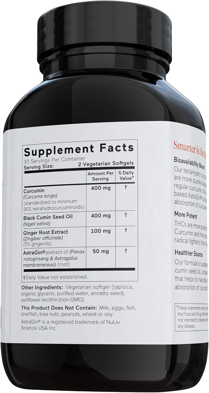 Smarter Nutrition Curcumin - Potency and Absorption in a SoftGel - The Most Active Form of Curcuminoid - 95% Tetra-Hydro Curcuminoids, 1 pack of 60 capsules - 30 Servings (Packaging May Vary) : Health & Household