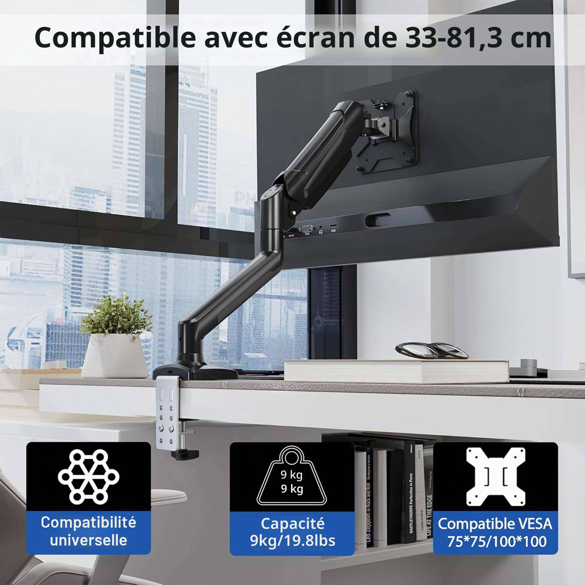 BONTEC Bras Articulé à Ressort à Gaz pour Moniteur 13-32 Pouces, Capacité 3-9kg, Rotation 360°, VESA 75/100mm