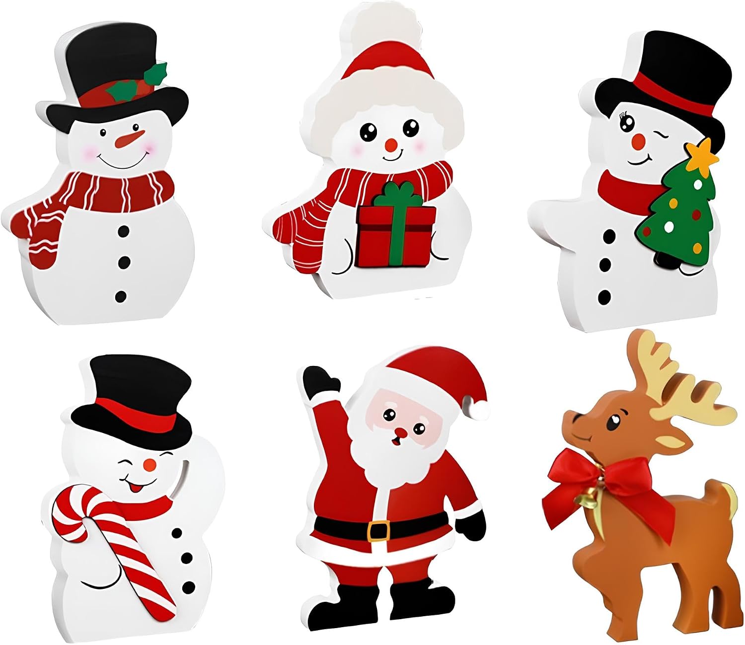Cute Christmas Ornaments for Indoors, Woode Reindeer with Bells, Santa Claus, Candy Snowman, Box Sign, Party Home Decor Snowman Christmas Tree (6 Pieces)