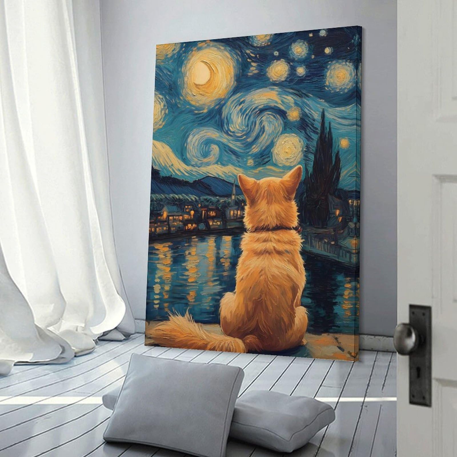 Junmoney Canvas Art Print Dog Shiba Inu Gazing at Starry Night Van Gogh, 24x36inch(60x90cm), for Calm Bedrooms, Home Corners Or Flats, A Warm Accent for Relaxed Interiors